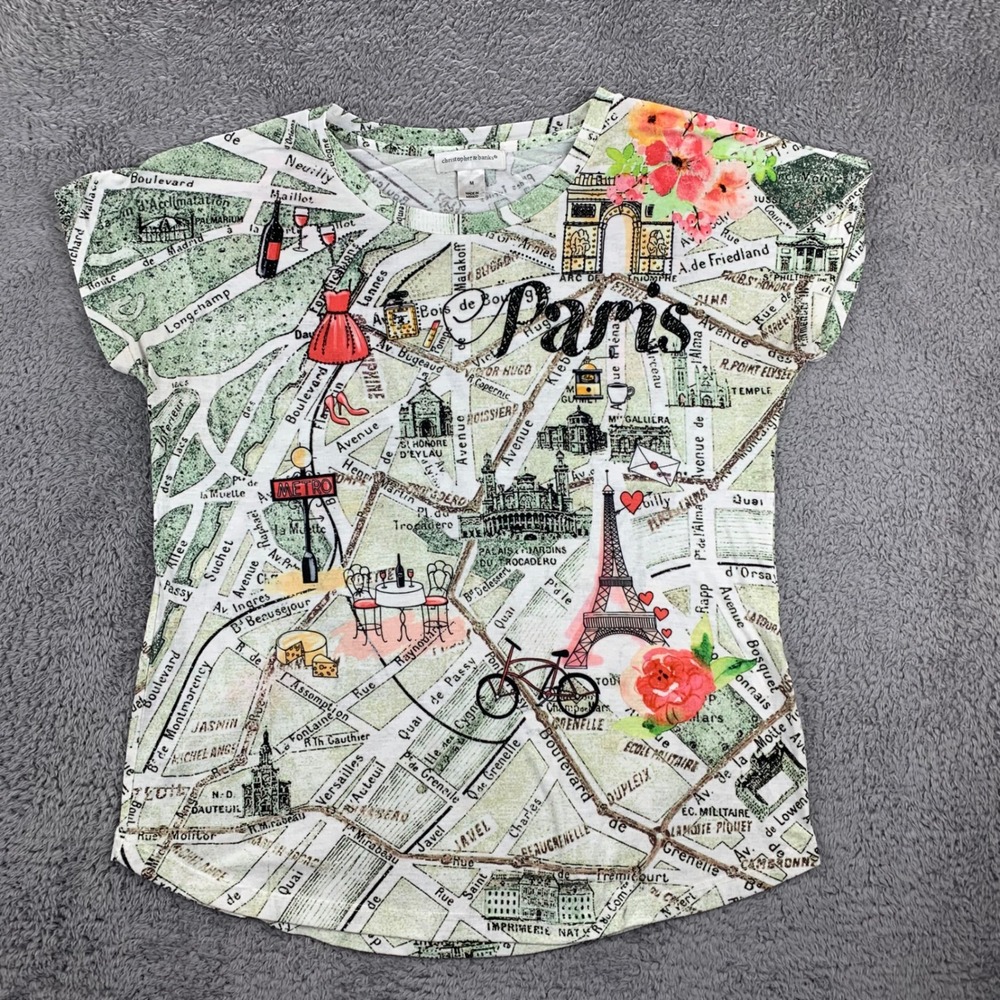 Christopher &‎ Banks Paris Map Top Women's Medium Green Multicolor Short Sleeve